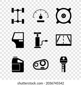 Ajuste el coche del chasis, el velocímetro, el altavoz de audio del coche, el cartucho para aceite del motor, el faro, la llave con el mando a distancia, el icono de la puerta y la bomba de aire. Vector