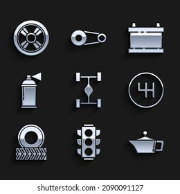 Set Chassis car, Traffic light, Canister for motor machine oil, Gear shifter, Car wheel, Paint spray can, battery and  icon. Vector