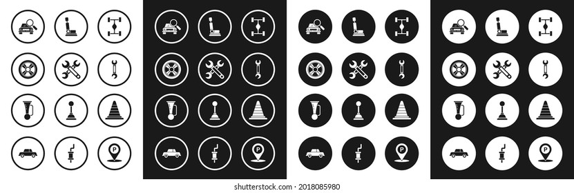 Set Chassis car, Wrench, Car wheel, search, seat, Traffic cone and Signal horn vehicle icon. Vector