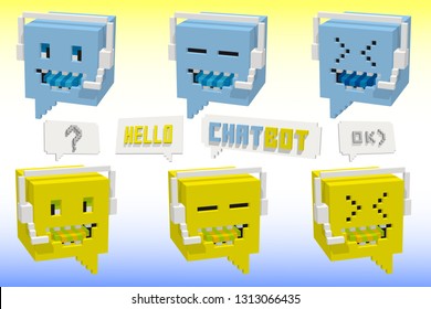 A set of chat bot characters. Funny message icon.Artificial intelligence in the digital world.Connecting mind.New technologies talking. Frames for animation. Pixel art cubes. Blue and yellow vector.