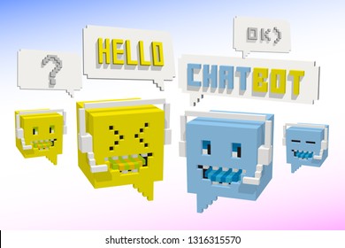 A set of chat bot characters. Funny message icon.Artificial intelligence in the digital world.Connecting mind.New technologies talking. Pixel art cubes. Blue and yellow speech bots. Vector.