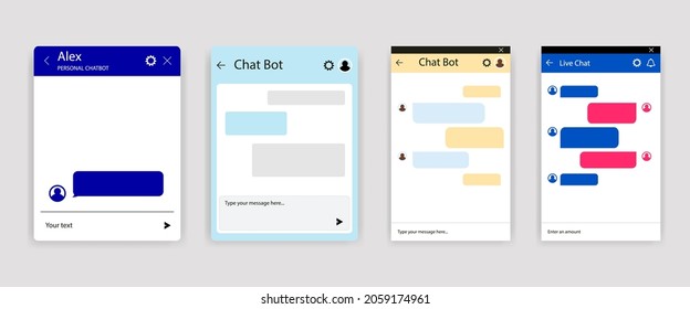 Set of chat bot dialoges windows for website and mobile app. Collection of group text messaging app on smartphone screen. Vector template.