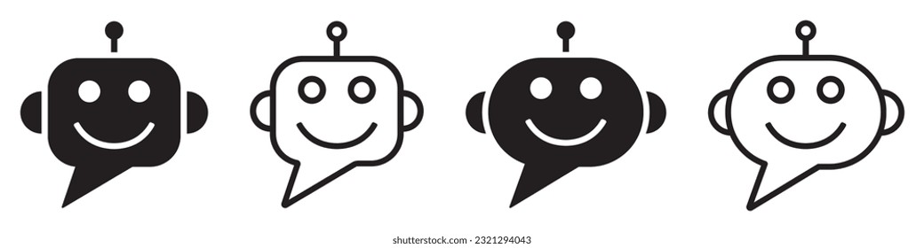 Set of chat bot icon. Robot, support bot, service online support, smiling robot. Chat bot for customer service, virtual assistant. Artificial intelligence robot. Vector illustration.