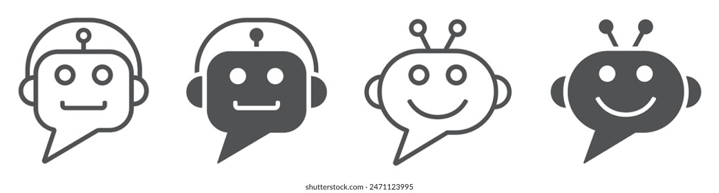 Conjunto de iconos de chat bot. Robot, robot de Asistencia, Asistencia de servicio en línea, robot sonriente. Chat bot para el Servicio al cliente, asistente virtual. Robot de inteligencia artificial. Ilustración vectorial.