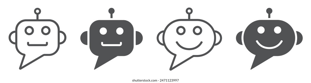 Set of chat bot icon. Robot, support bot, service online support, smiling robot. Chat bot for customer service, virtual assistant. Artificial intelligence robot. Vector illustration.