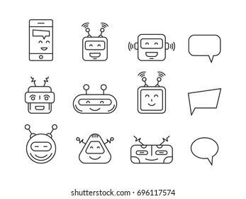 Set Chat bot vector icon faces robots in a linear style. Vector Robot Virtual Assistance chatbots and bubbles for text messages.