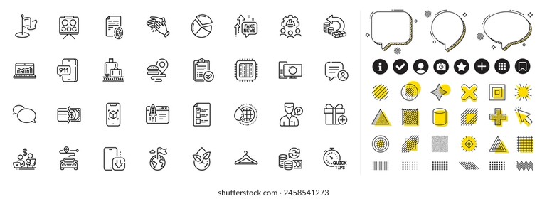 Set of Chat bubble, Engineering team and Cloakroom line icons for web app. Design elements, Social media icons. Clapping hands, Fingerprint, Payment methods icons. Vector