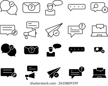 Set of chat bubble icons in simple design style. Includes various shapes and sizes for messages, conversations, and online communication.