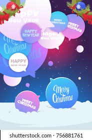 Set Of Chat Bubbles With Merry Christmas And Happy New Year Text Winter Holiday Poster Design Flat Vector Illustration