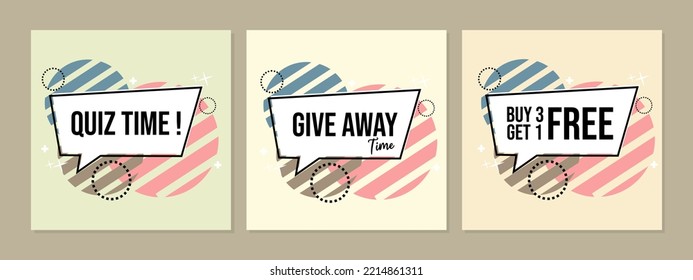 set of chat bubbles with quiz time text. flat design for give away, discount advertising banners.