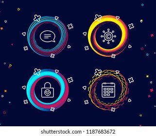 Set of Chat, Copywriting network and Password encryption icons. Calendar sign. Speech bubble, Content networking, Protection locker. Event reminder.  Circle banners with line icons. Vector