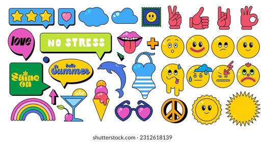 Set von Chatrahmen, Emoji, Lächeln, Sommeraufklebern. Sommer-Cartoon-Elemente in lebhaften, hellen Farben. Strand, Urlaub, Reisen, Ferien Symbole, Buchstaben, Zeichen. Ruhiger Retro-Stil.