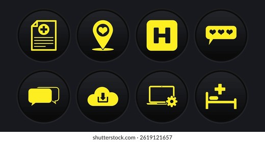 Establecer Chat, como y corazón, Descarga en la nube, equipo portátil, hospital y puntero de mapa con icono. Vector