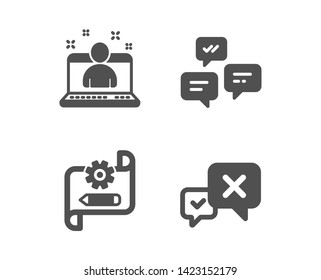 Set of Chat messages, Best manager and Cogwheel blueprint icons. Reject sign. Communication, Best developer, Edit settings. Delete message.  Classic design chat messages icon. Flat design. Vector