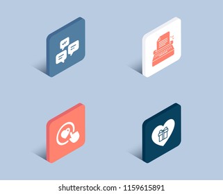 Set of Chat messages, Like button and Typewriter icons. Romantic gift sign. Communication, Press love, Writer machine. Surprise with love.  3d isometric buttons. Flat design concept. Vector