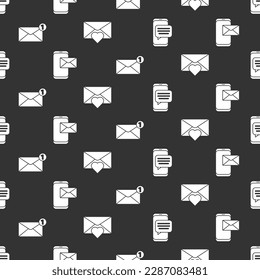 Set Chat messages notification on phone, # Mobile and envelope, Envelope and Envelope with Valentine heart on seamless pattern. Vector