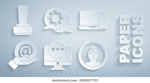 Set Chat messages notification on monitor, Monitor and phone, Mail e-mail in hand, Create account screen, Speech bubble chat and Stamp icon. Vector