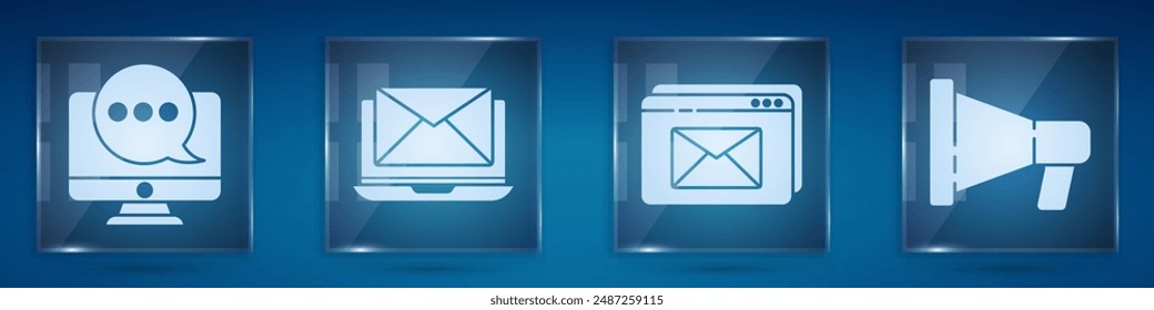 Chat-Nachrichten-Benachrichtigung auf Monitor, Laptop mit Umschlag, Website und Umschlag und Megaphon. Quadratische Glasscheiben. Vektorgrafik