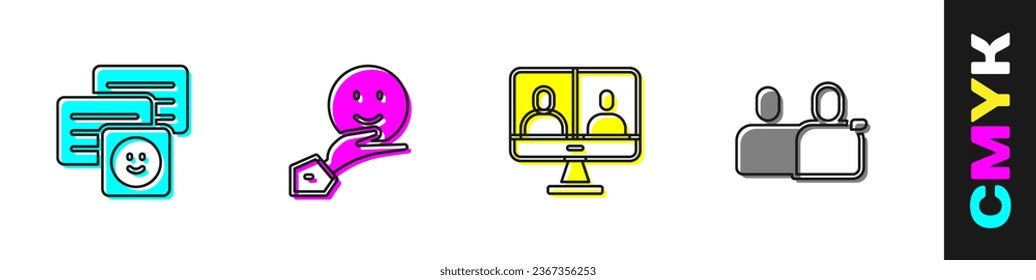 Set Chat messages on laptop, Happy friendship day, Video chat conference and BFF or best forever icon. Vector