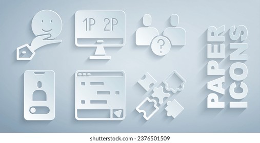 Setzen Sie Chat-Nachrichten auf Laptop, komplizierte Beziehung, Eingehende Anrufe mobile, Puzzle-Stücke Spielzeug, Computer-Monitor Bildschirm und glückliche Freundschaft Tag Symbol. Vektorgrafik