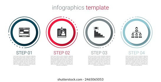 Establecer mensajes de chat en el portátil, placa de Identificación, Escalera con marca de fin y Organograma de jerarquía. Plantilla de infografía de negocios. Vector