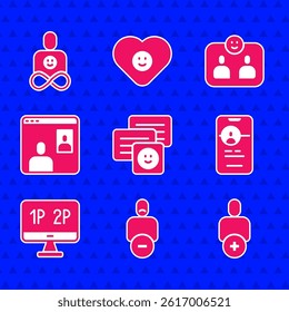 Set Chat messages on laptop, Loss of friend, Add, Dating app online, Computer monitor screen, Video chat conference, Friends forever and  icon. Vector