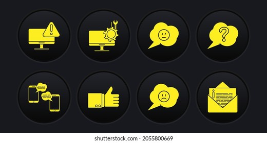 Set Chat messages on mobile, Speech bubble Question, Hand thumb up, with sad smile, angry, Computer monitor service, Envelope and Monitor exclamation mark icon. Vector