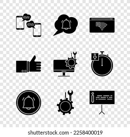 Set Chat messages on mobile, Speech bubble chat notification, No Internet connection, Button, Wrench and screwdriver in gear, Information, Hand thumb up and Computer monitor service icon. Vector