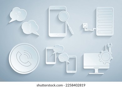 Set Chat messages on mobile, Server, Phone call, Computer monitor service, Mobile phone diagnostics and Question and Exclamation icon. Vector