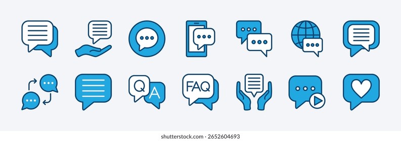 Set of chat, speech bubble icon. Contains dialogue, message, discussion, talk, communication, comment, conversation, question and answer, FAQ, like button, recording, media social, doodle. Vector