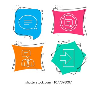 Set of Chat, Stop talking and Support service icons. Login sign. Speech bubble, Do not talk, Human talking. Sign in.  Flat geometric colored tags. Vivid banners. Trendy graphic design. Vector