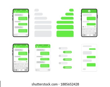 Set of chat templates, messages, phones and speech bubbles green colour in flat style. Social media design concept. Sms template bubbles for compose dialogues. Smart Phone with messenger chat screen.