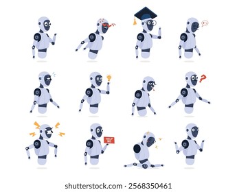 A set of chatbot characters that display a range of emotions and actions, including happiness, confusion, and determination, in a colorful, cartoonish style.