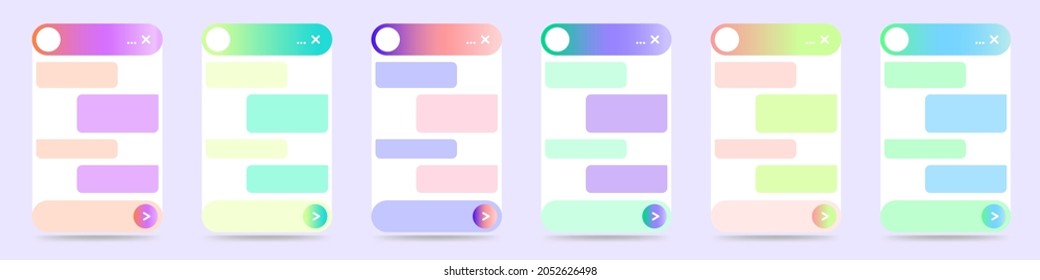 Set of chatbot dialog window interfaces for website and mobile application. Online live chat app and virtual assistant with gradients of bright colors. Vector designe isolated on a white background.