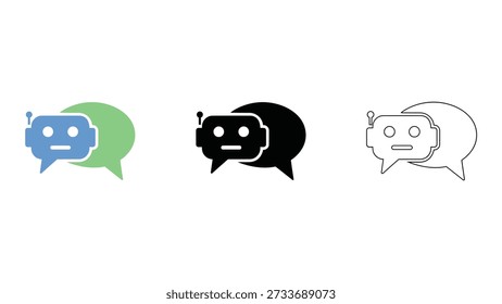 Conjunto de iconos de chatbot en diferentes colores, que representan sistemas de conversación automatizados, utilizados en diversas aplicaciones digitales, como Servicio al cliente, Asistencia tecnológica y asistencia virtual, proporcionando una interfaz fácil de usar para la interacción humano-computadora.