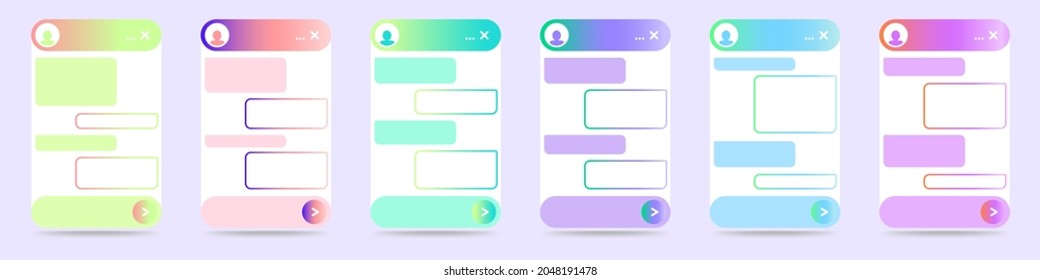 Set of chatbot window dialog interface for website and mobile application. Online live chat app and virtual assistant with gradients of bright colors. Vector designe isolated on a white background.