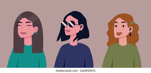 A set of chatting girlfriends, cute teenage girls chatting, girlfriends gossiping, women smiling. The concept of communication, the concept of friendship, the concept of adolescence. Redhead brunette