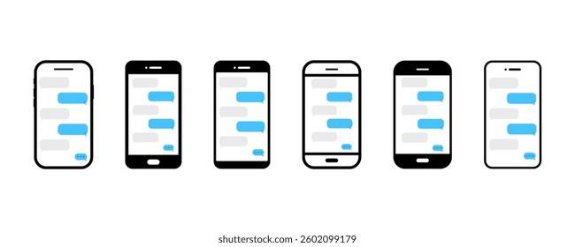 Set of chatting in smartphone. Send or receive sms on app. Speech bubble message on phone.