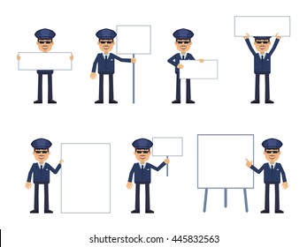 Set of chauffeur characters posing with different blank banners. Cheerful driver with paper, poster, placard, pointing to whiteboard, teach, advertise, promote. Flat style vector illustration