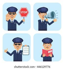 Set of chauffeur characters posing in different situations. Cheerful driver holding stop sign, loudspeaker, clipboard, reading a book. Flat style vector illustration