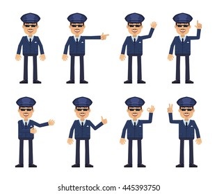 Set of chauffeur characters showing different hand gestures. Cheerful driver showing thumb up gesture, this way, greeting, waving, pointing up, victory sign. Flat style vector illustration