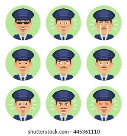 Set of chauffeur emoticons. Man avatars showing different emotions. Happy, smile, sad, cry, angry, love, surprised, upset, laugh and other facial expressions. Flat style vector illustration