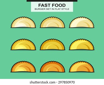 Set of chebureks of different pro-frying in flat style with an inking