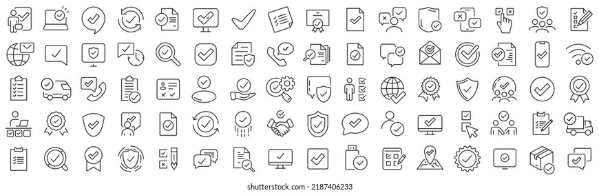 Set of check and approve line icons. Collection of black linear icons