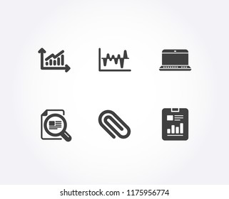 Set of Check article, Paper clip and Graph icons. Stock analysis, Notebook and Report document signs. Magnifying glass, Attach paperclip, Presentation diagram. Vector