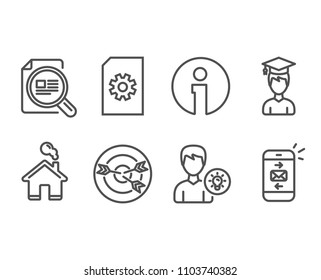 Set of Check article, Person idea and Student icons. Targeting, File management and Mail signs. Magnifying glass, Lamp energy, Graduation cap. Vector