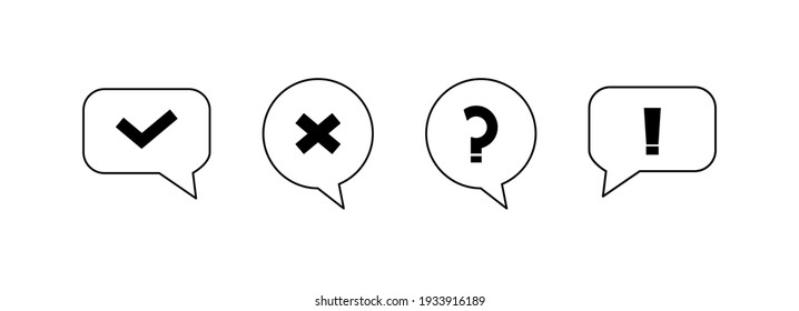 Set of check box icons. Tick and cross, question mark, exclamation point. Vector illustration.