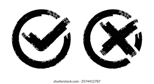 Set of check and cross brush icon collection. Check and cross symbol. Checkmark OK and X icons with circle isolated on white background.	