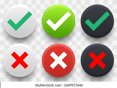 Set of check and cross icon / button on a transparent background. Vector illustration