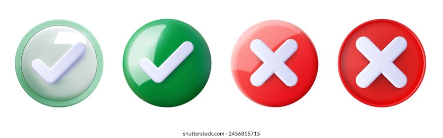 Set Check and Cross Icons in Red and Green Colors. Vivid collection of 3D rendered icons featuring check marks in green and cross marks in red, ideal for visualizing choices, decisions, and feedback.